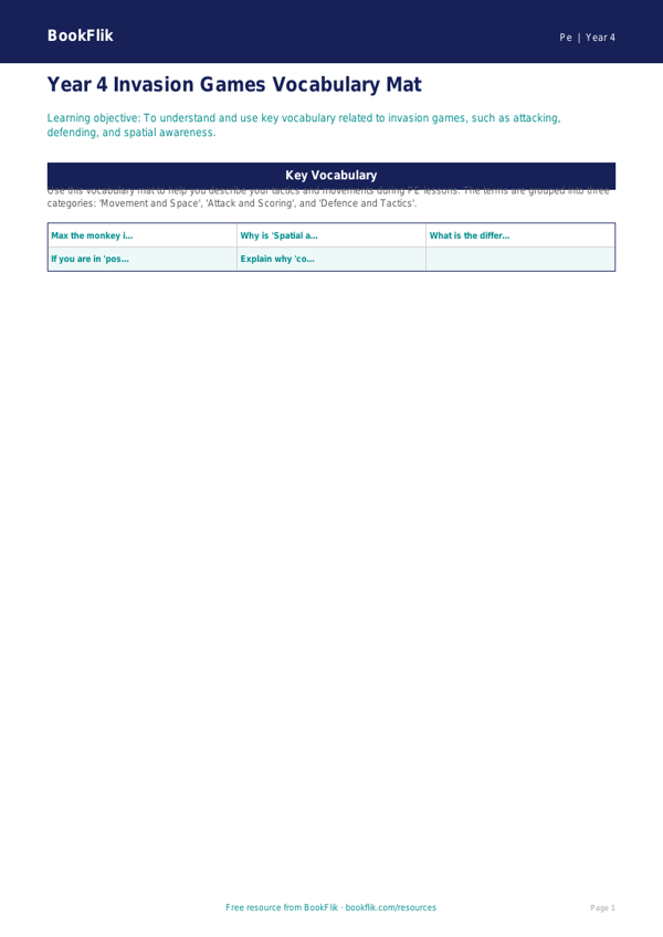 Pe invasion games word mat year 4 core worksheet preview — Pe Invasion Games