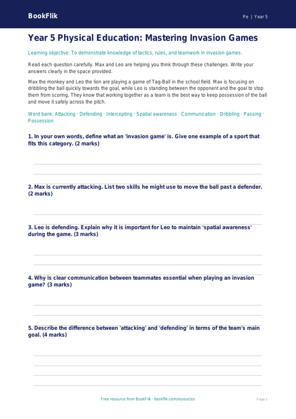 Year 5 Invasion Games Assessment | Australian Curriculum PE | BookFlik worksheet preview — Pe Invasion Games