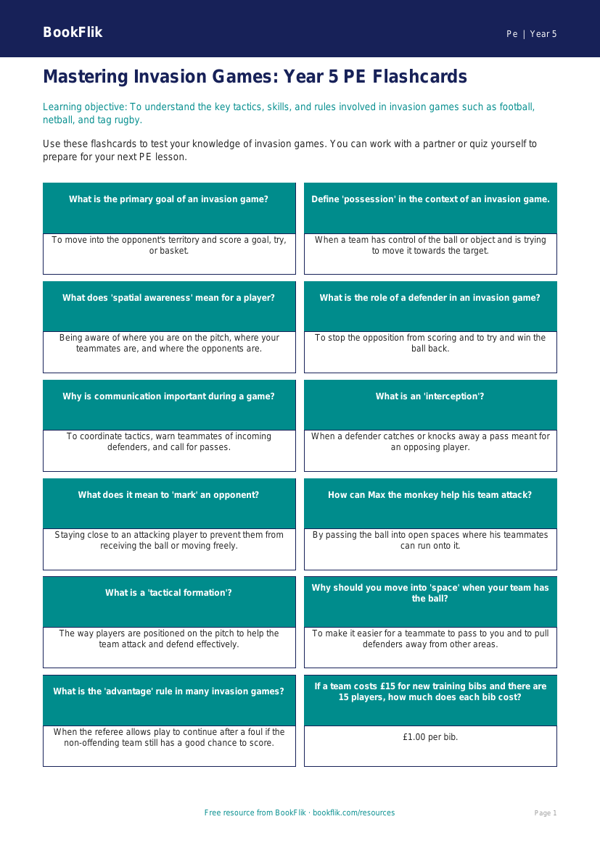 Invasion Games Flashcards for Year 5 PE | Australian Curriculum worksheet preview — Pe Invasion Games