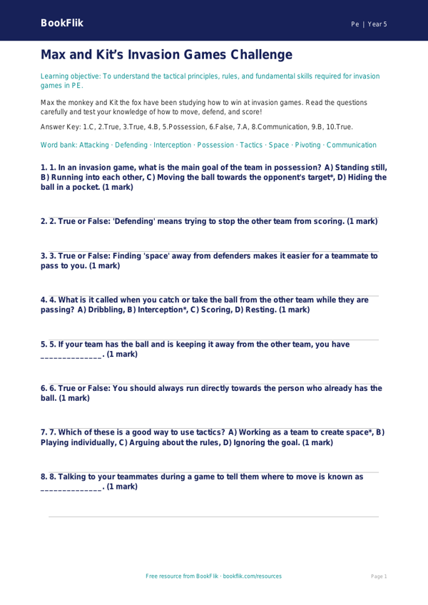 Invasion Games Quiz for Year 5 PE | Australian Curriculum | BookFlik worksheet preview — Pe Invasion Games