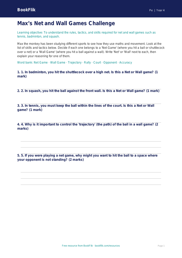 Free Net And Wall Games Activity Sheet | Year 4 | PE | BookFlik worksheet preview — Pe Net And Wall Games