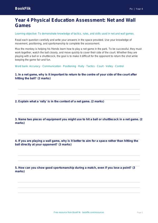 Free Net And Wall Games Assessment | Year 4 | PE | BookFlik worksheet preview — Pe Net And Wall Games