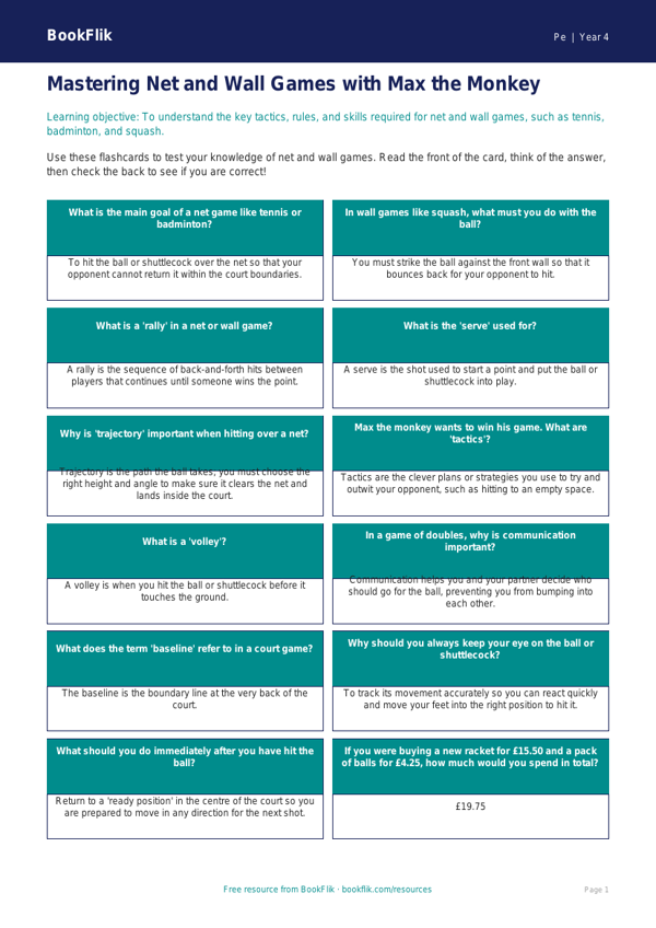 Pe net and wall games flashcards year 4 core worksheet preview — Pe Net And Wall Games