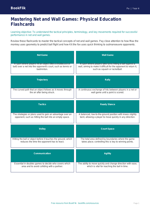 Net and Wall Games Flashcards for Year 4 PE | Australian Curriculum worksheet preview — Pe Net And Wall Games