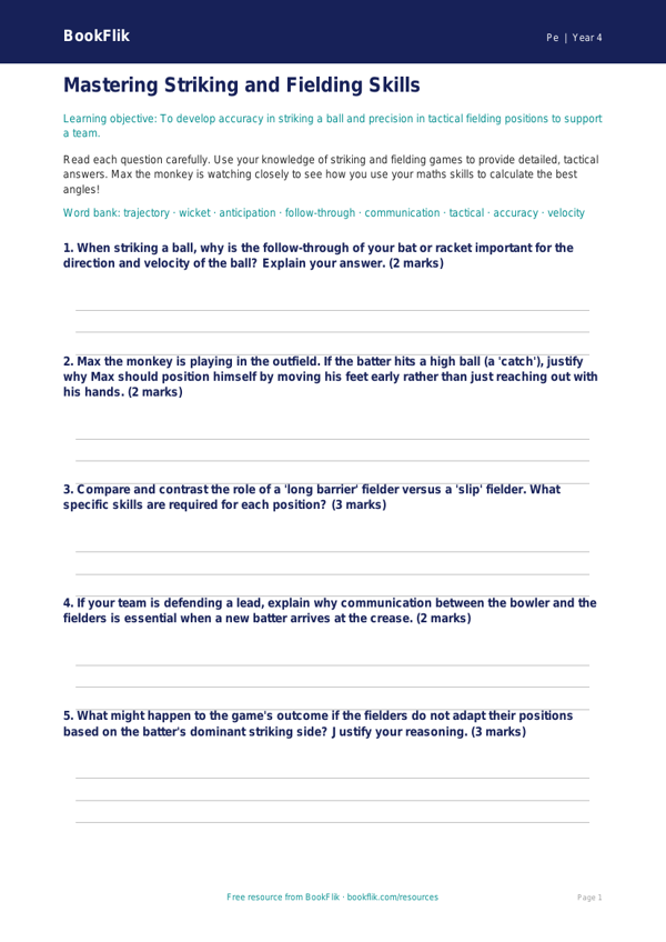 Striking and Fielding Worksheet Year 4 | Free PE Resources | BookFlik worksheet preview — Pe Striking And Fielding