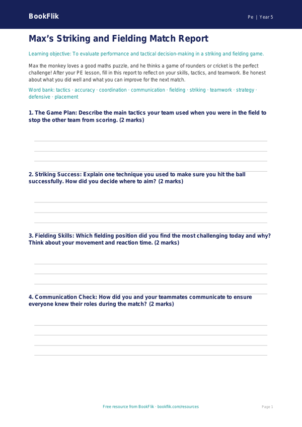 Striking and Fielding Games Template | Year 5 PE | BookFlik worksheet preview — Pe Striking And Fielding
