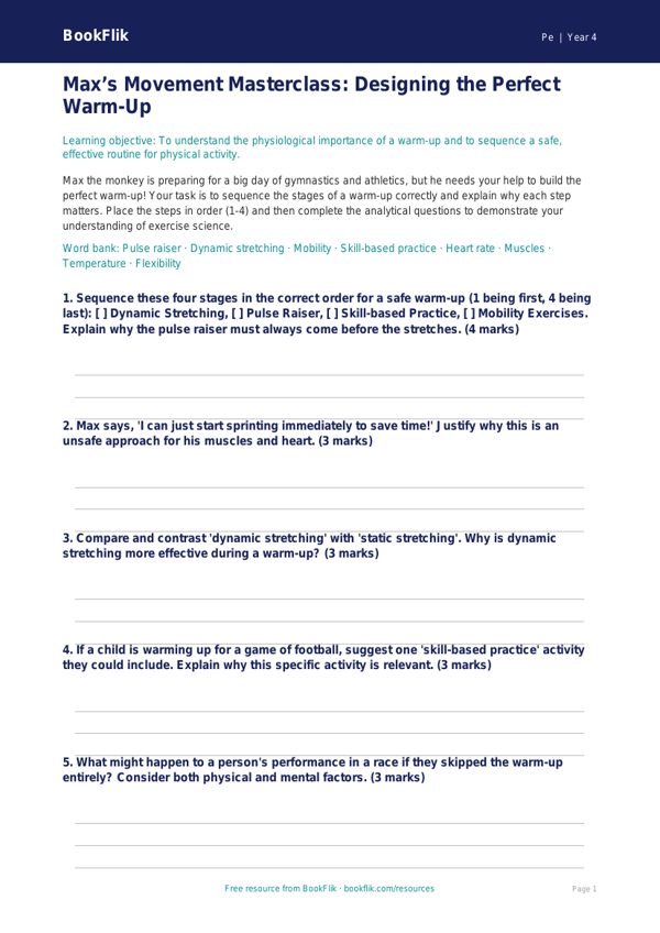 Year 4 Physical Education Warm Up Activity Sheet | BookFlik worksheet preview โ Pe Warm Up