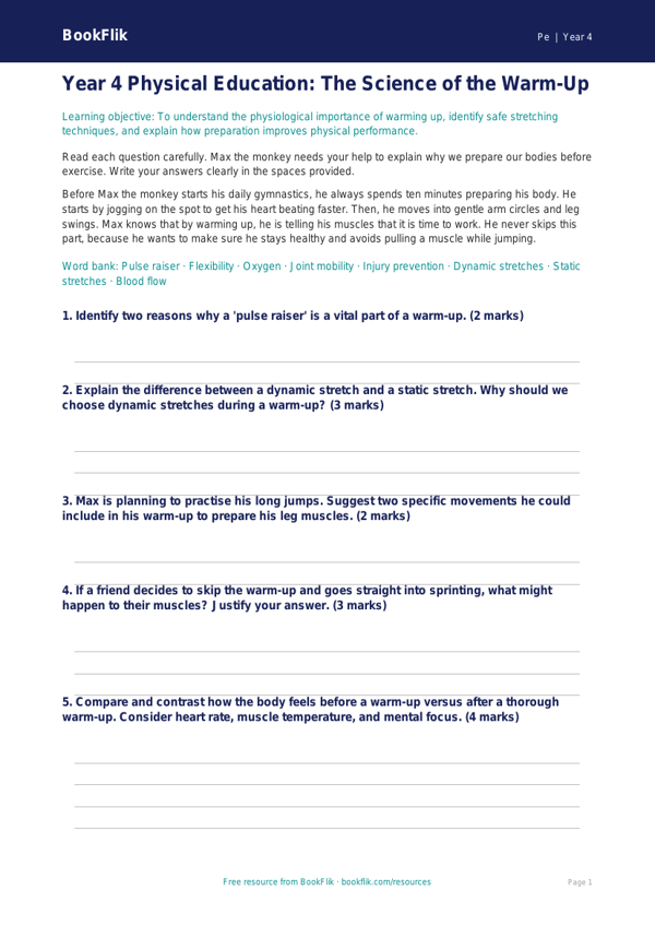 Year 4 Physical Education Warm Up Assessment | Greater Depth | BookFlik worksheet preview — Pe Warm Up