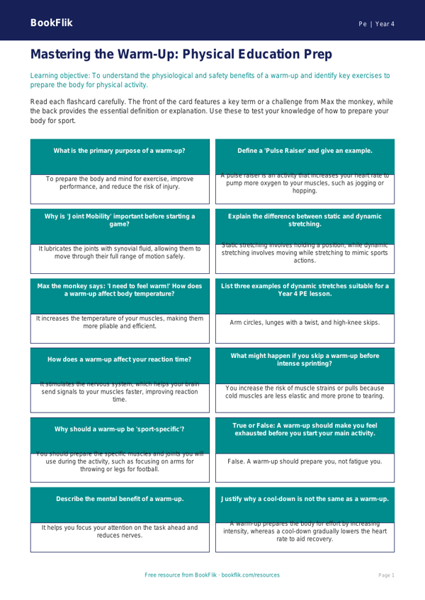 Year 4 Physical Education Warm Up Flashcards | BookFlik worksheet preview — Pe Warm Up