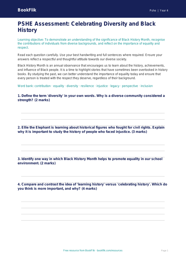 Black History Month Assessment Year 4 | HASS Resources | BookFlik worksheet preview — Pshe Black History Month