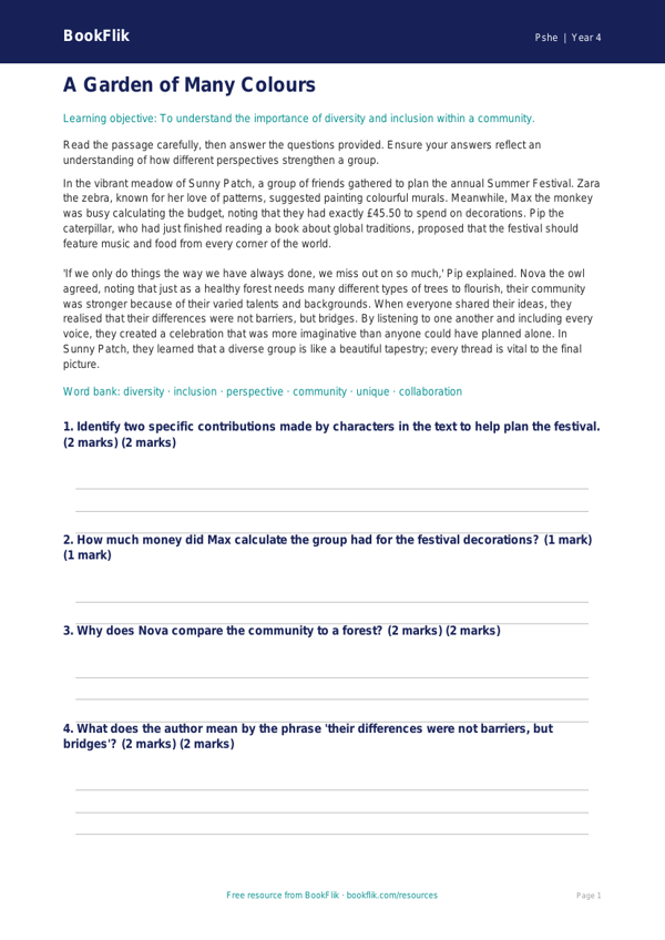 Free Diversity And Inclusion Comprehension | Year 4 | HASS / Personal Development | BookFlik worksheet preview — Pshe Diversity And Inclusion