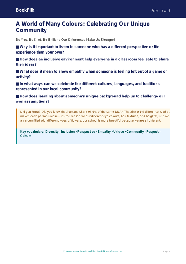 Free Diversity And Inclusion Poster | Year 4 | HASS / Personal Development | BookFlik worksheet preview — Pshe Diversity And Inclusion