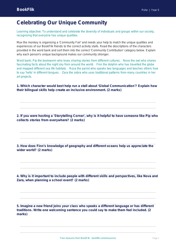 Free Diversity And Inclusion Activity Sheet | Year 5 | HASS / Personal Development | BookFlik worksheet preview — Pshe Diversity And Inclusion