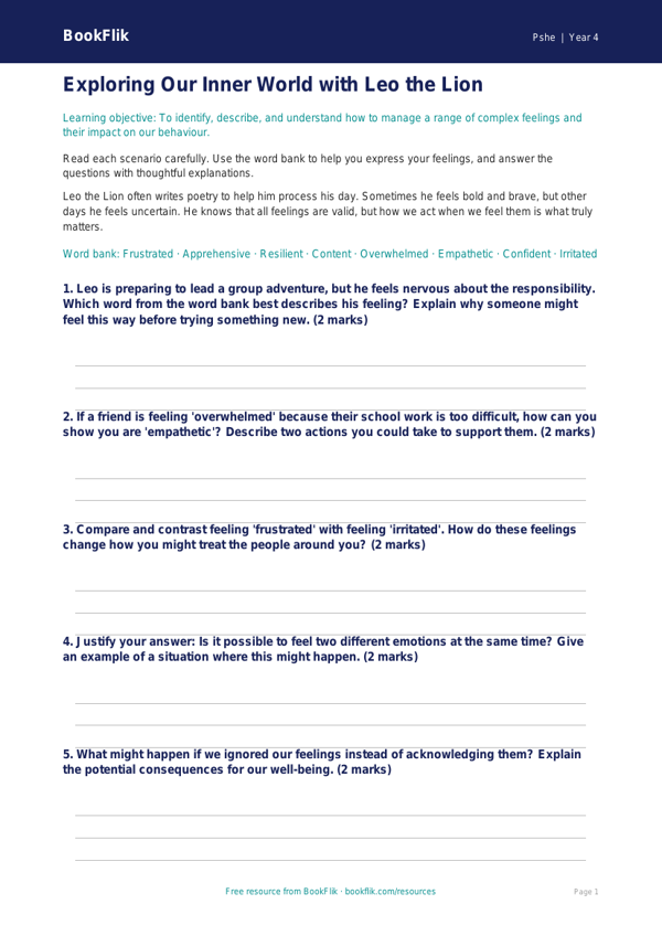 Exploring Emotions: Year 4 Feelings Worksheet | HASS & PD | BookFlik worksheet preview — Pshe Feelings