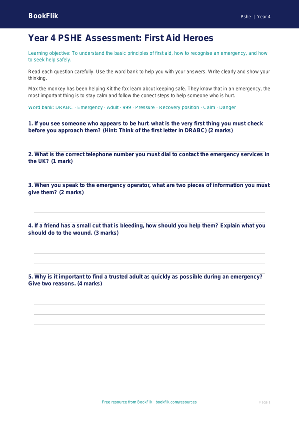 HASS / Personal Development first aid assessment year 4 core worksheet preview — Pshe First Aid
