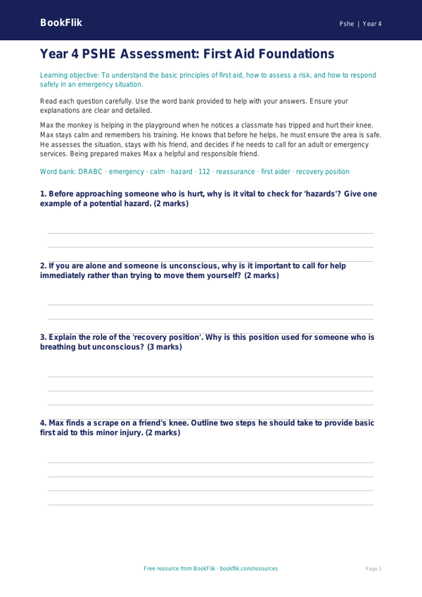 First Aid Assessment Year 4 | HASS & Health | Free Australian Curriculum Resource worksheet preview — Pshe First Aid
