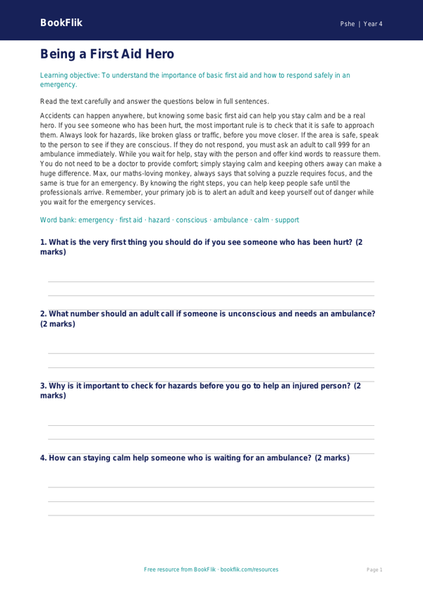 HASS / Personal Development first aid comprehension year 4 core worksheet preview — Pshe First Aid