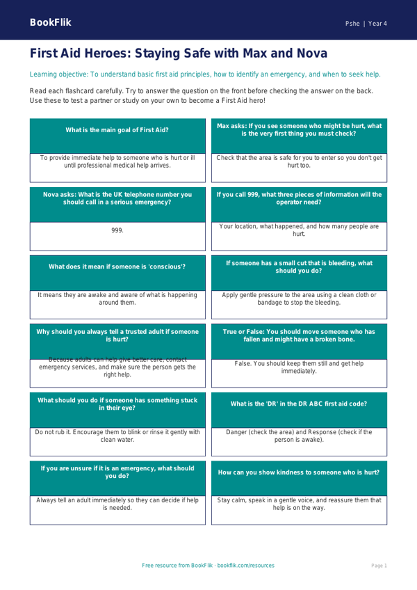 HASS / Personal Development first aid flashcards year 4 core worksheet preview — Pshe First Aid