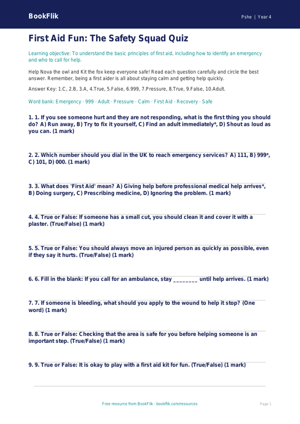 Free First Aid Quiz | Year 4 | HASS / Personal Development | BookFlik worksheet preview — Pshe First Aid