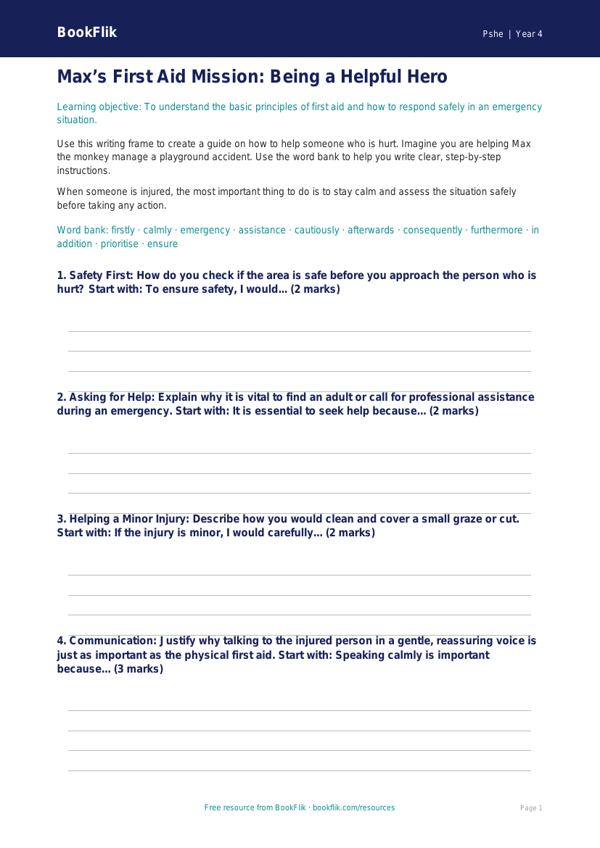 Free First Aid Writing Frame | Year 4 | HASS / Personal Development | BookFlik worksheet preview — Pshe First Aid