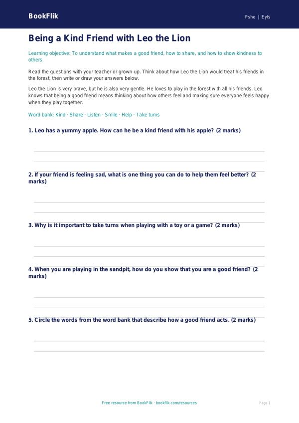 Free Friendship Worksheet | Foundation | HASS / Personal Development | BookFlik worksheet preview — Pshe Friendship