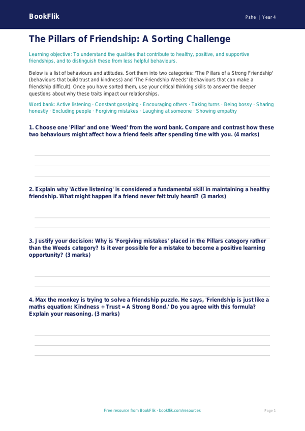 Free Friendship Activity Sheet | Year 4 | HASS / Personal Development | BookFlik worksheet preview — Pshe Friendship