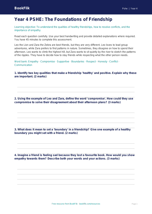 Free Friendship Assessment | Year 4 | HASS / Personal Development | BookFlik worksheet preview — Pshe Friendship