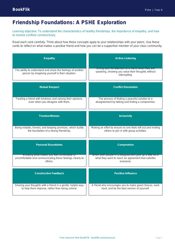 Free Friendship Flashcards | Year 4 | HASS / Personal Development | BookFlik worksheet preview — Pshe Friendship