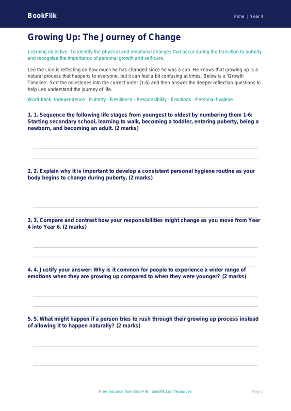 Free Growing Up Activity Sheet | Year 4 | HASS / Personal Development | BookFlik worksheet preview — Pshe Growing Up