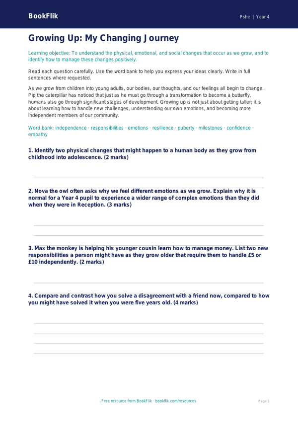Free Growing Up Assessment | Year 4 | HASS / Personal Development | BookFlik worksheet preview — Pshe Growing Up