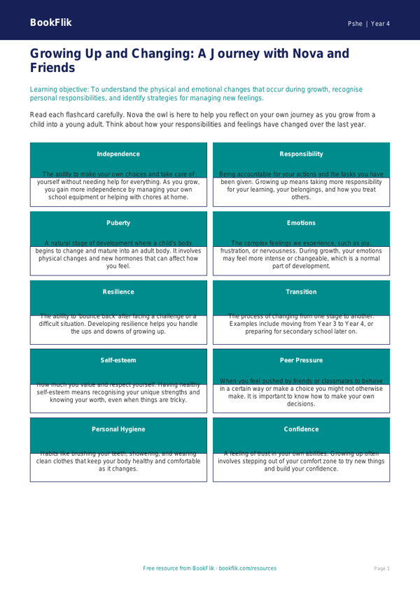 Free Growing Up Flashcards | Year 4 | HASS / Personal Development | BookFlik worksheet preview — Pshe Growing Up