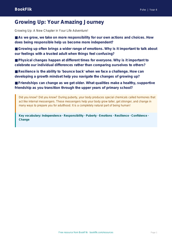 Free Growing Up Poster | Year 4 | HASS / Personal Development | BookFlik worksheet preview — Pshe Growing Up