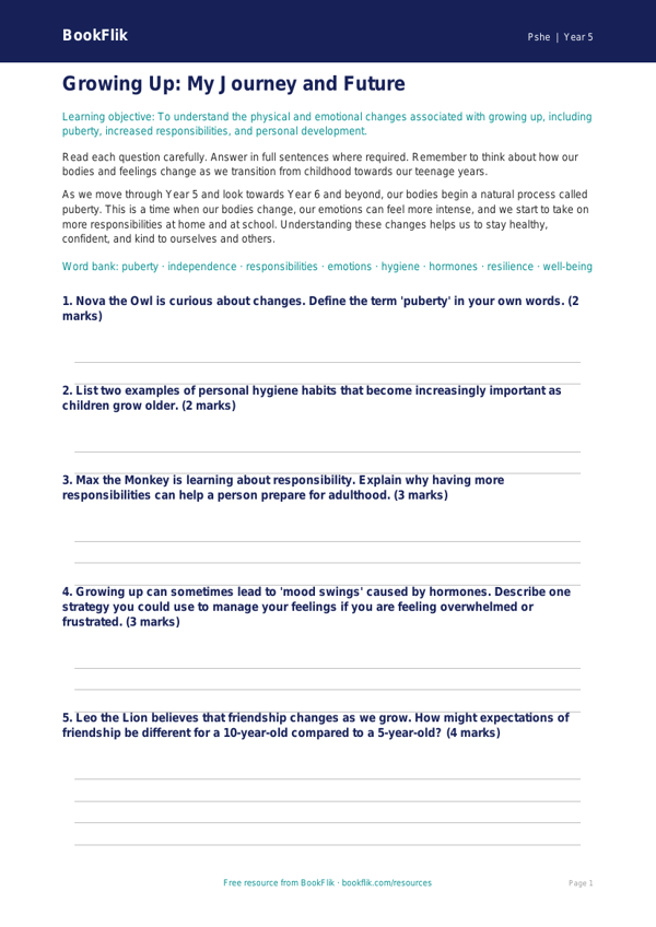 Free Growing Up Assessment | Year 5 | HASS / Personal Development | BookFlik worksheet preview — Pshe Growing Up