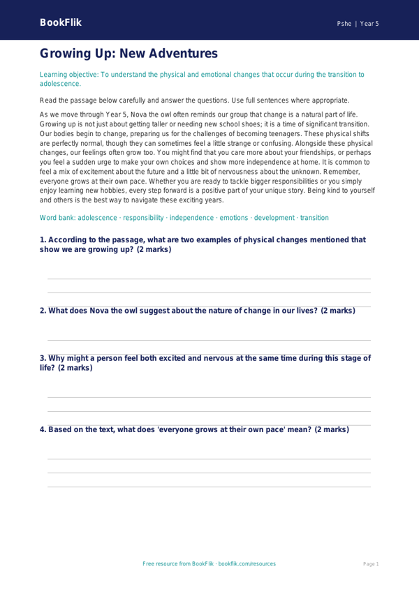Free Growing Up Comprehension | Year 5 | HASS / Personal Development | BookFlik worksheet preview — Pshe Growing Up