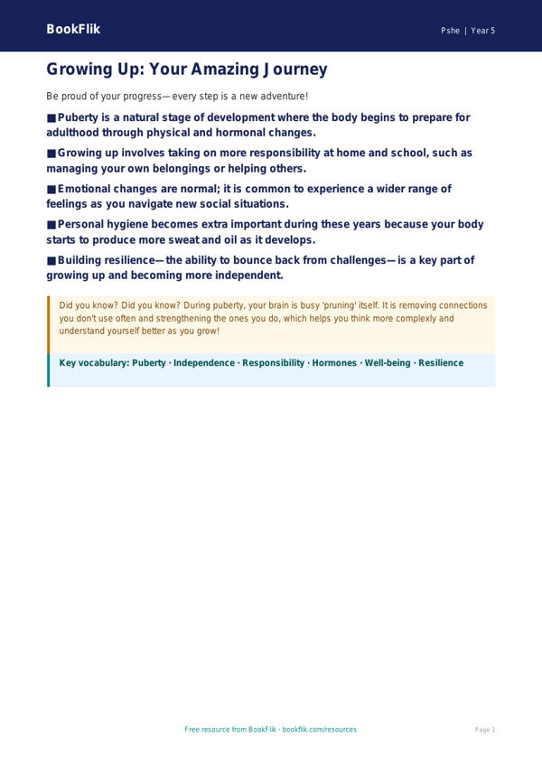 Free Growing Up Poster | Year 5 | HASS / Personal Development | BookFlik worksheet preview — Pshe Growing Up