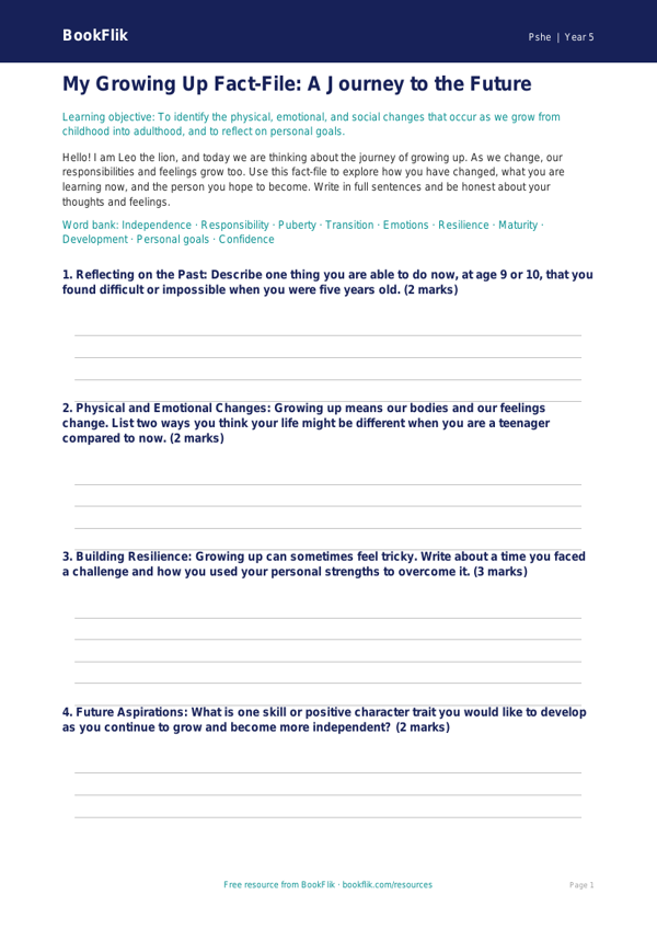 Free Growing Up Template | Year 5 | HASS / Personal Development | BookFlik worksheet preview — Pshe Growing Up