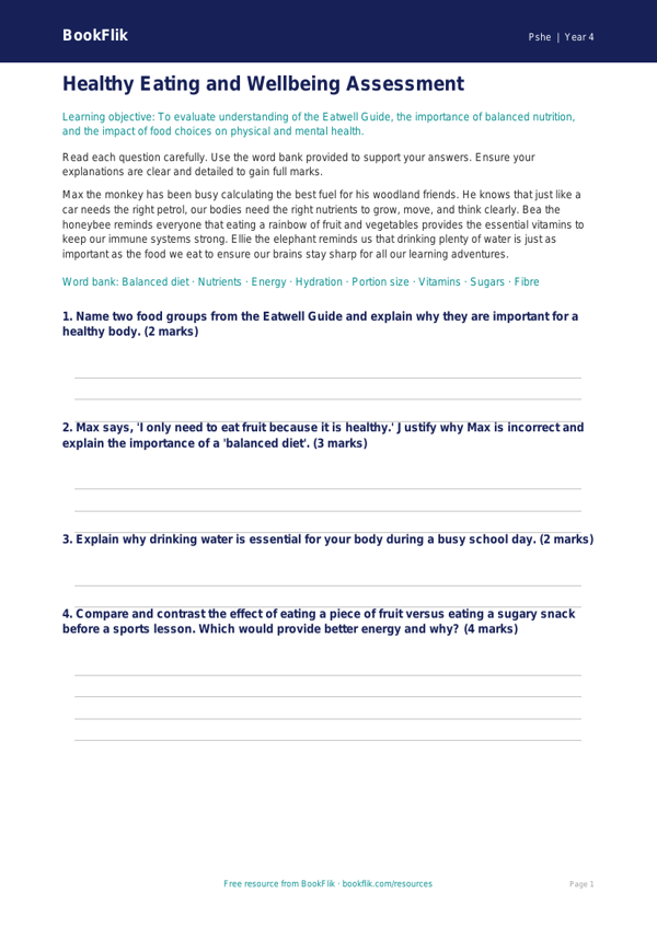 Free Healthy Eating Assessment | Year 4 | HASS / Personal Development | BookFlik worksheet preview — Pshe Healthy Eating