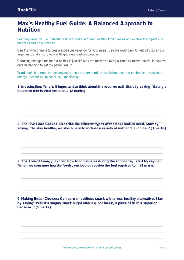 Free Healthy Eating Writing Frame | Year 4 | HASS / Personal Development | BookFlik worksheet preview — Pshe Healthy Eating