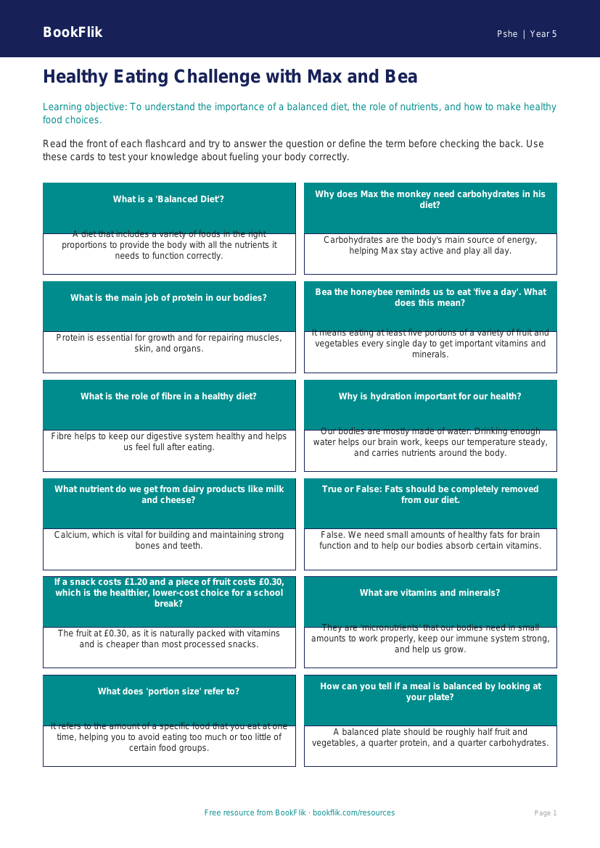 Free Healthy Eating Flashcards | Year 5 | HASS / Personal Development | BookFlik worksheet preview — Pshe Healthy Eating