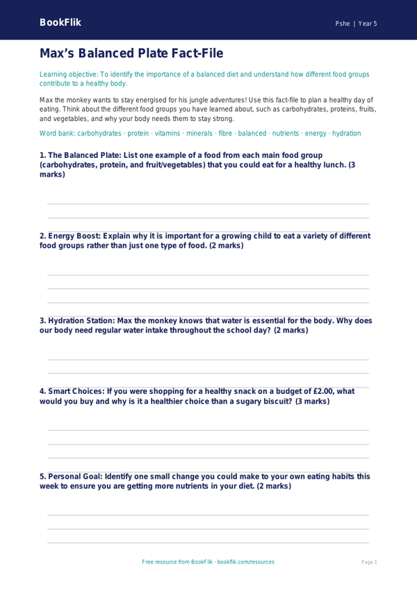 Free Healthy Eating Template | Year 5 | HASS / Personal Development | BookFlik worksheet preview — Pshe Healthy Eating