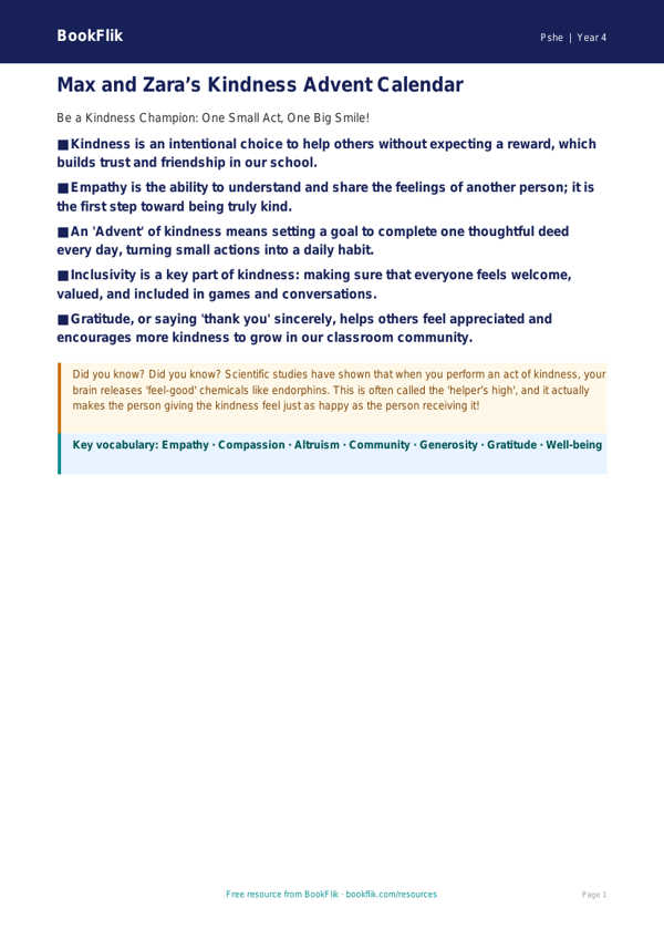 Free Kindness Advent Poster | Year 4 | HASS / Personal Development | BookFlik worksheet preview — Pshe Kindness Advent