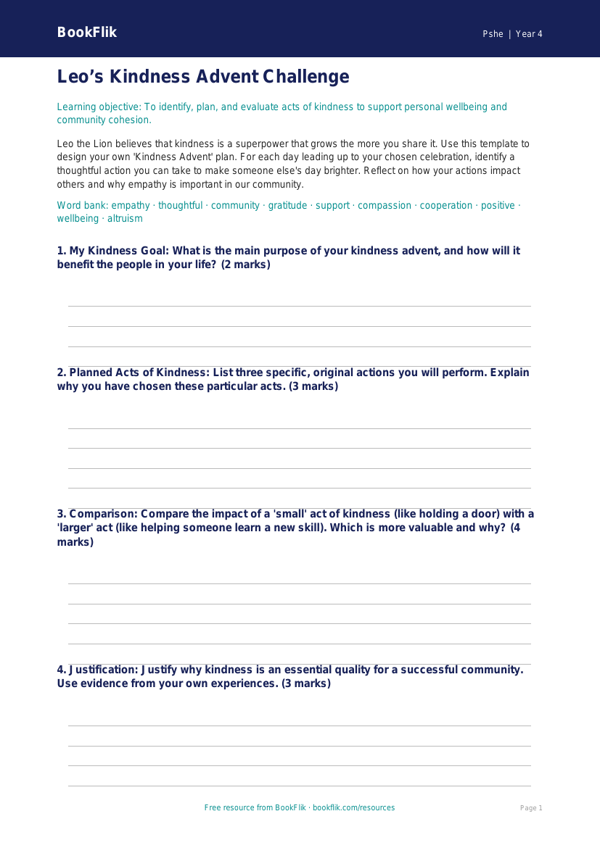 Free Kindness Advent Template | Year 4 | HASS / Personal Development | BookFlik worksheet preview — Pshe Kindness Advent