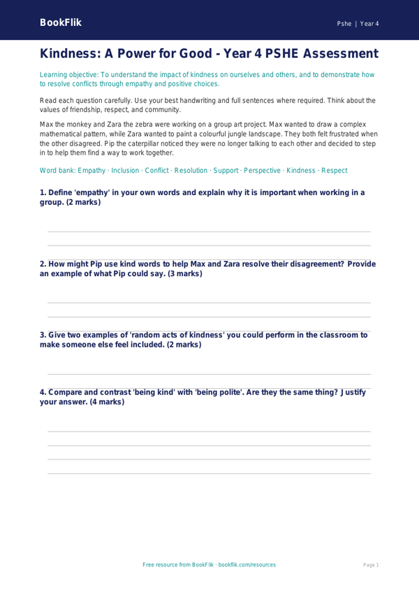 Free Kindness Assessment | Year 4 | HASS / Personal Development | BookFlik worksheet preview — Pshe Kindness