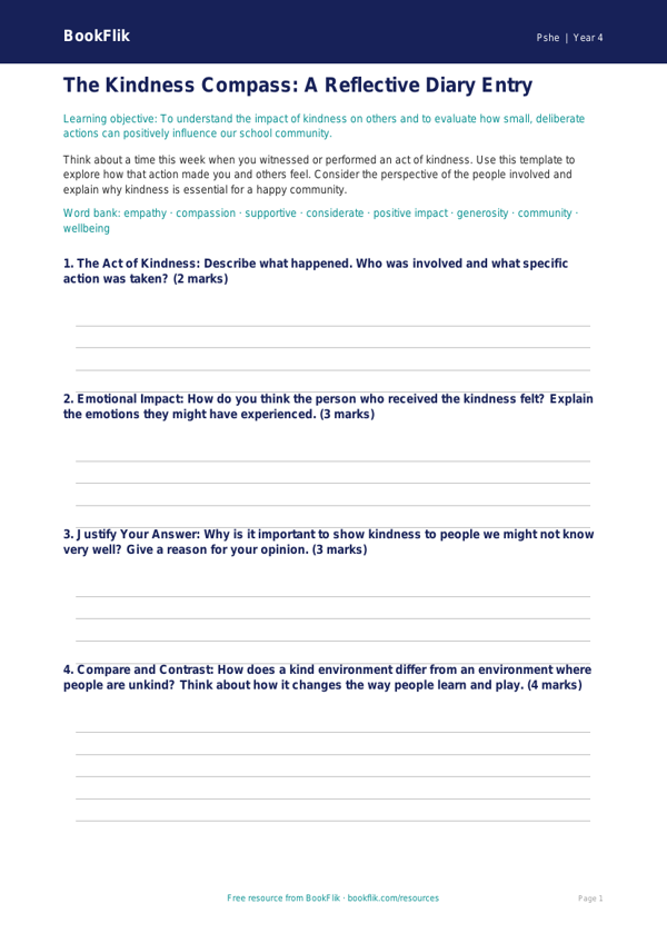 Free Kindness Template | Year 4 | HASS / Personal Development | BookFlik worksheet preview — Pshe Kindness