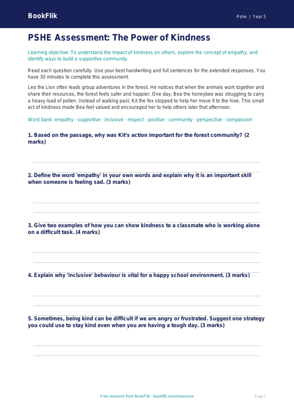 Free Kindness Assessment | Year 5 | HASS / Personal Development | BookFlik worksheet preview — Pshe Kindness