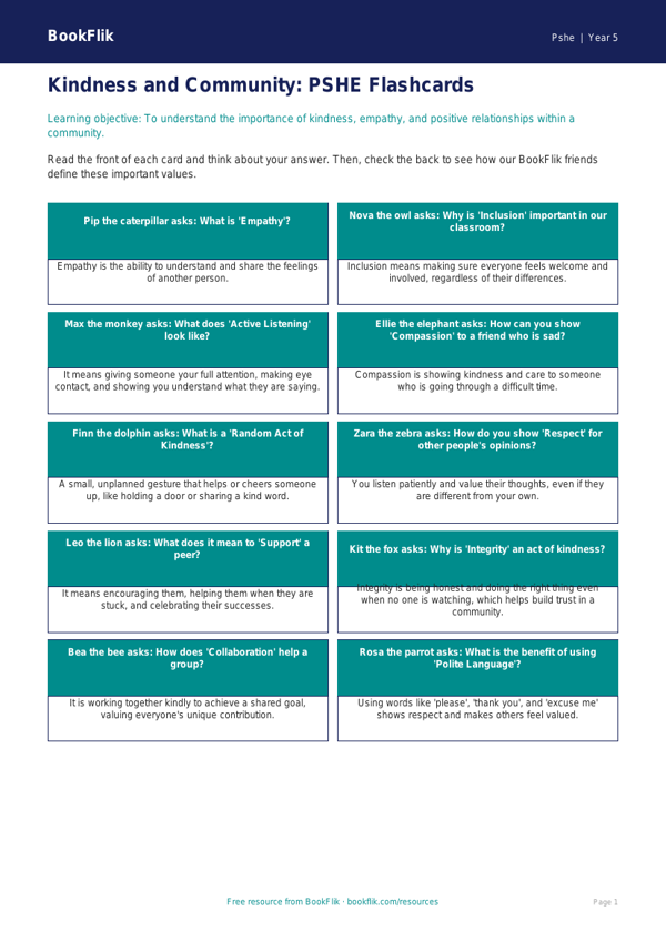Kindness Flashcards for Year 5 | HASS & Personal Development | BookFlik worksheet preview — Pshe Kindness