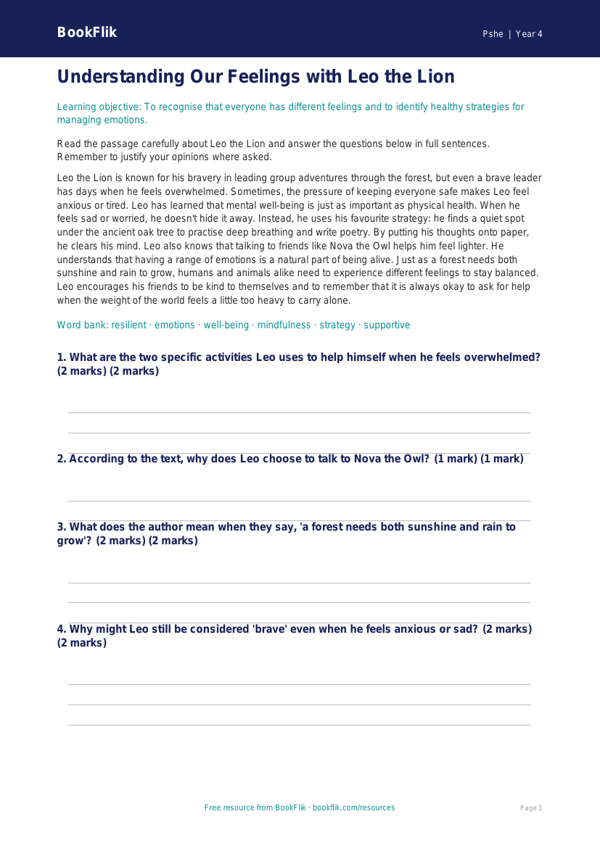 Mental Health Comprehension Year 4 | HASS & Wellbeing | BookFlik worksheet preview — Pshe Mental Health