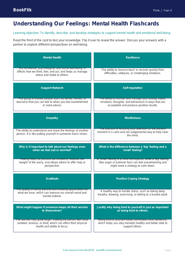 Mental Health Flashcards Year 4 Free | HASS & Wellbeing | BookFlik worksheet preview — Pshe Mental Health