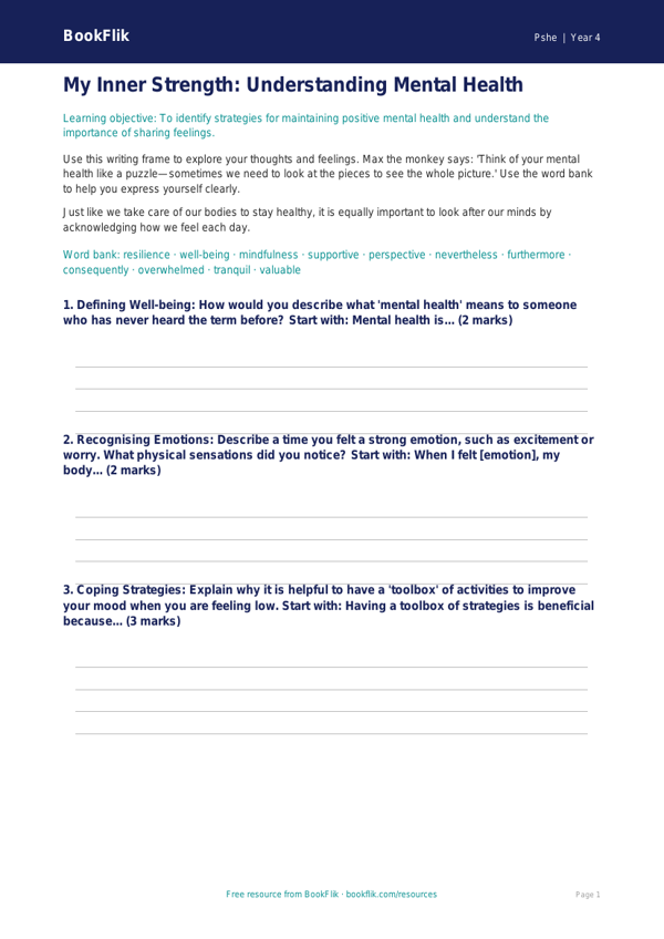 Free Mental Health Writing Frame | Year 4 | HASS / Personal Development | BookFlik worksheet preview — Pshe Mental Health