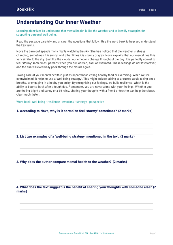 Free Mental Health Comprehension | Year 5 | HASS / Personal Development | BookFlik worksheet preview — Pshe Mental Health